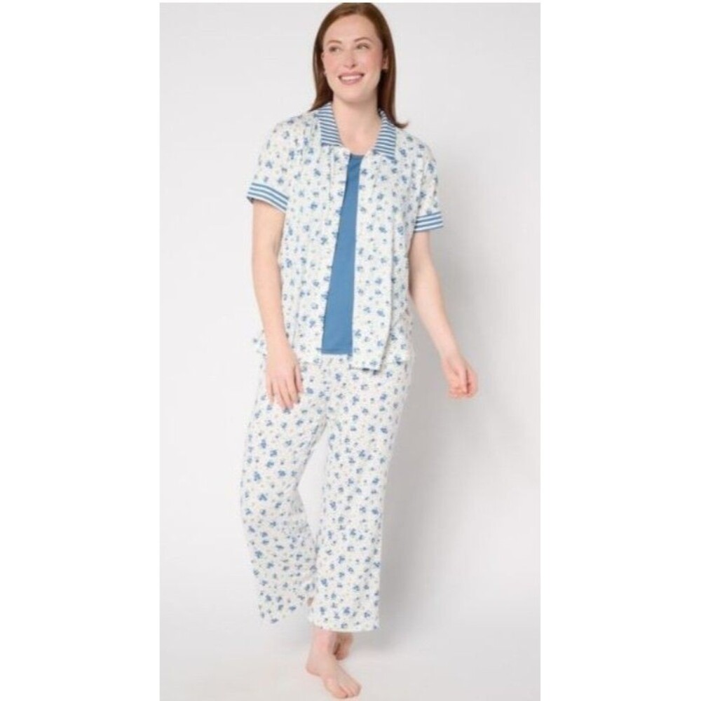 New Muk Luks Coordinating 3 Pc Cloudknit Crop Shirt Pajama Set Blue Floral Sz M